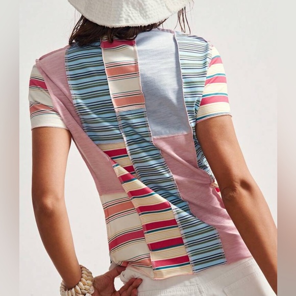 Boho Patchwork Multi Striped Drop Shoulder Fitted Stretch Jean Plus 2X New Top - Picture 6 of 13